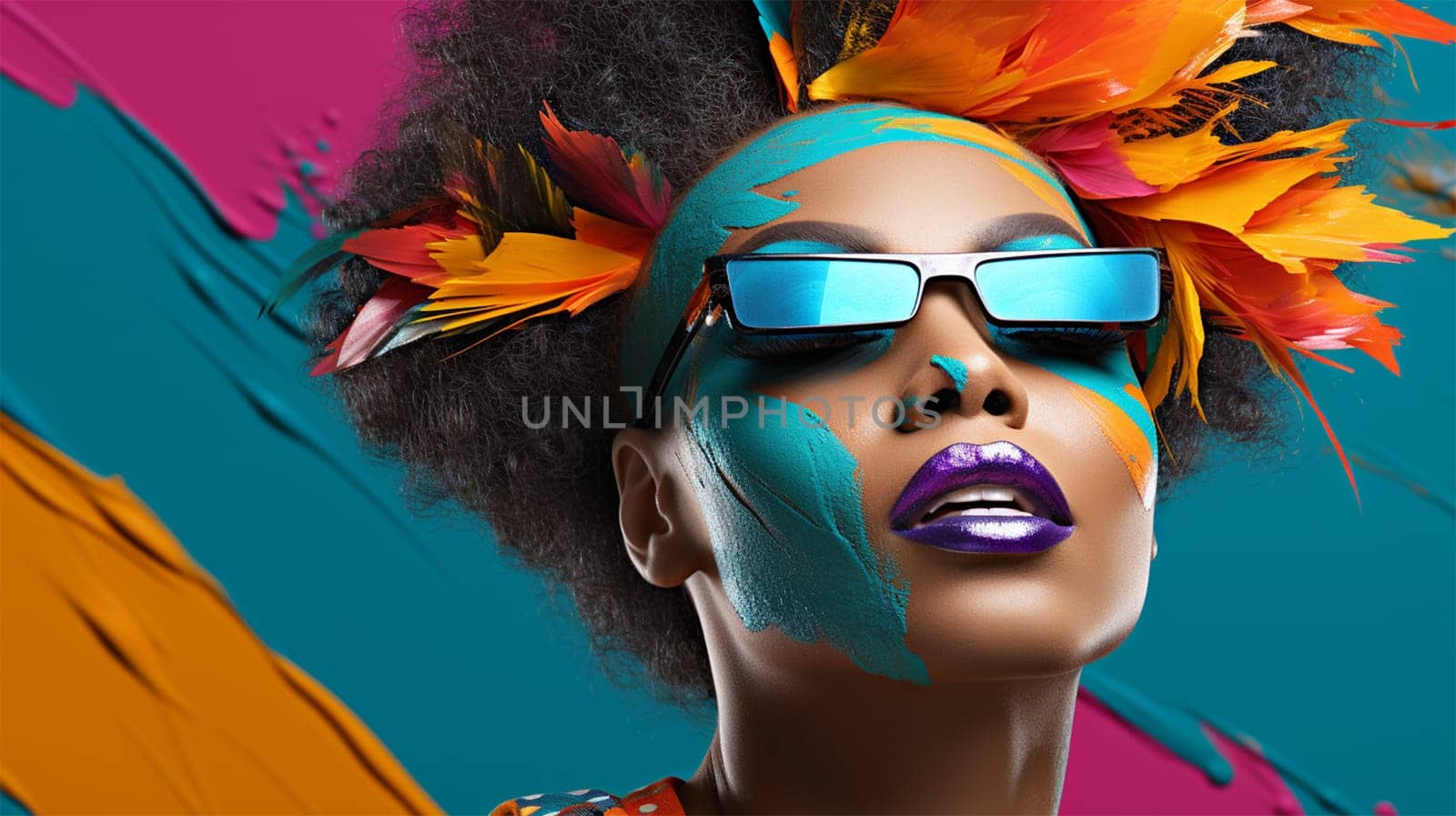 African model in glasses with very bright creative makeup on a colored background. banner for advertising or content for social networks of beauty salons.Generative AI