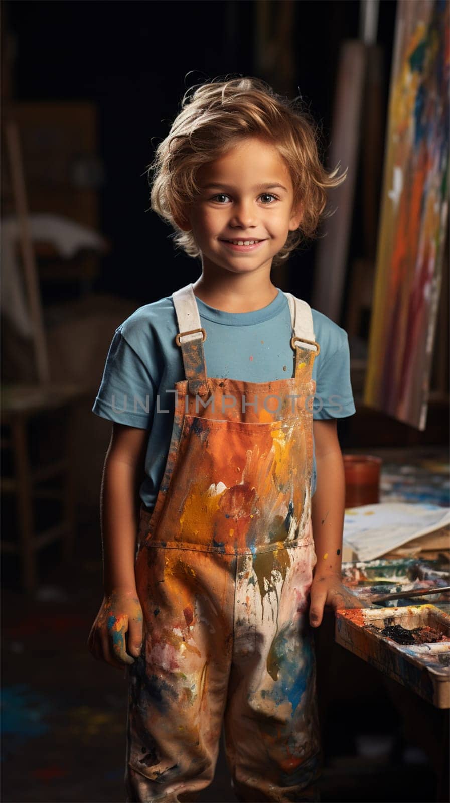 cheerful curly baby in overalls in an art workshop. young artist.Generative AI