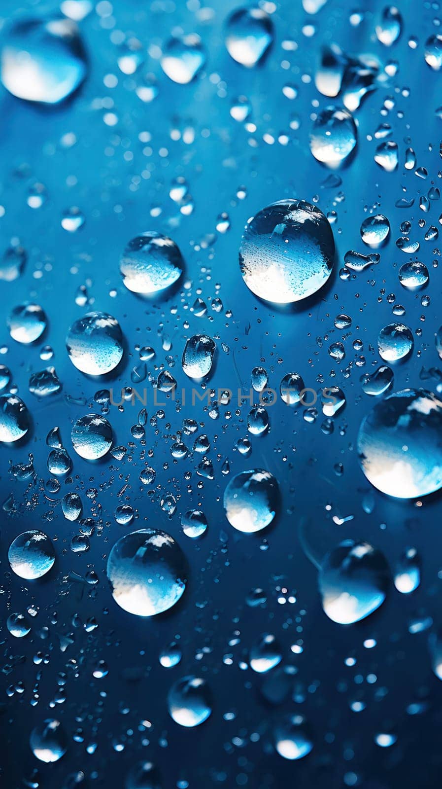 Abstract macro of water drops over blue background.Generative AI
