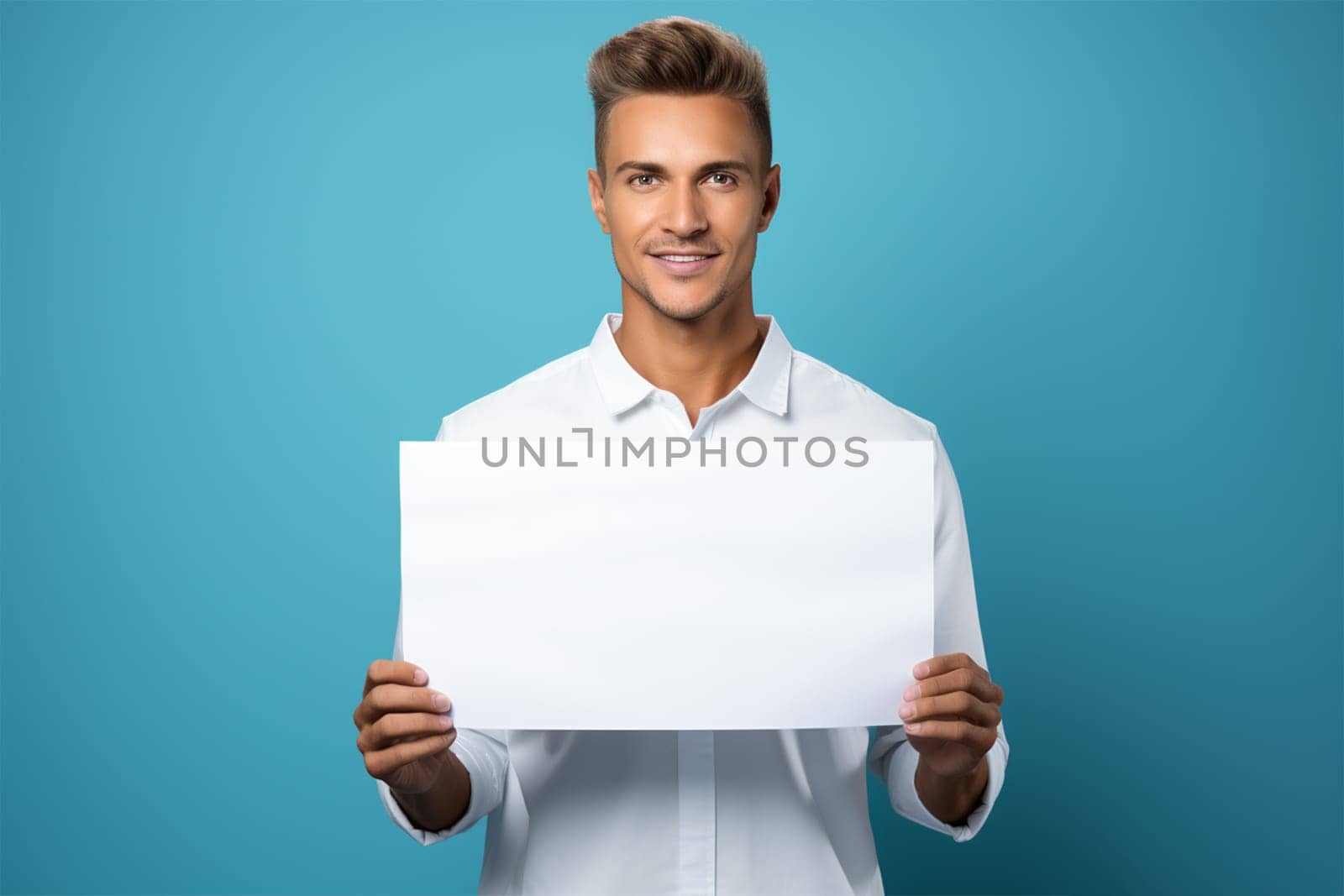 young man in a shirt with a blank poster and space for a mockup for advertising, marketing and sales.blue background.Generative AI