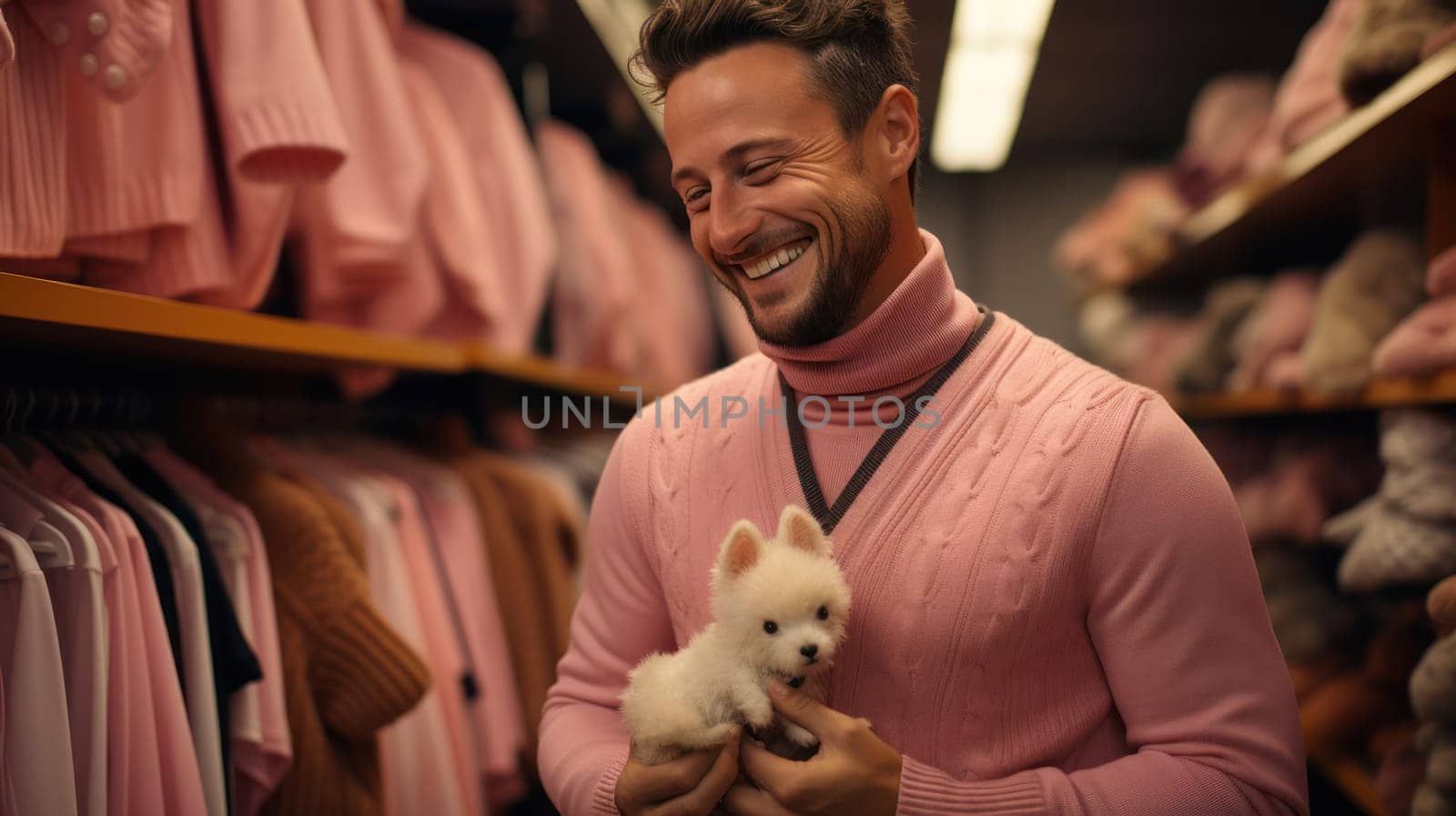 young happy man in a store with baby products and toys makes purchases.Generative AI
