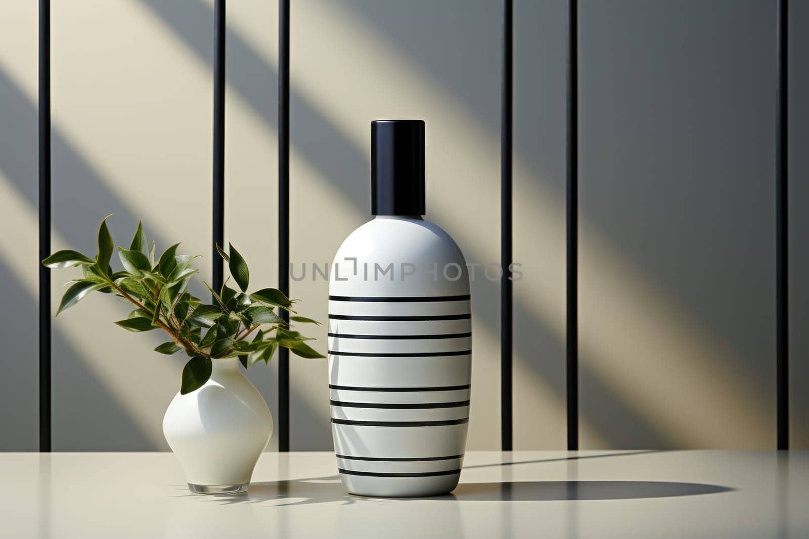 Cosmetic glass bottle of luxury product black and white design on graphic background. product presentation, demonstration of cosmetic products. Modern stylish bottle.Generative AI