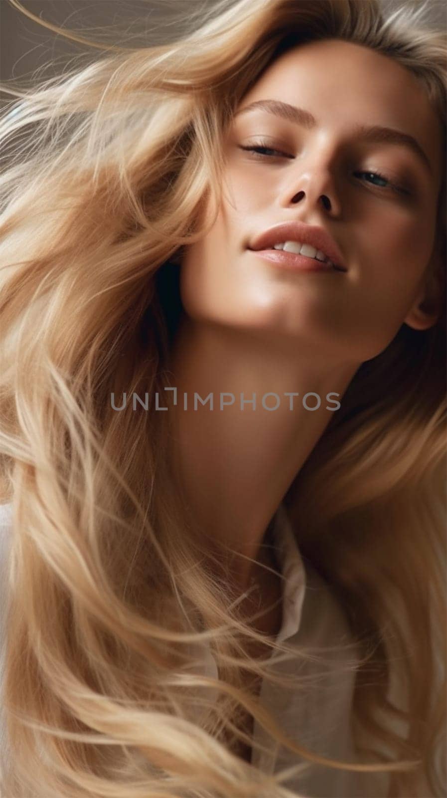 sensual portrait of a blonde with flying hair. banner or poster for a beauty salon.Generative AI