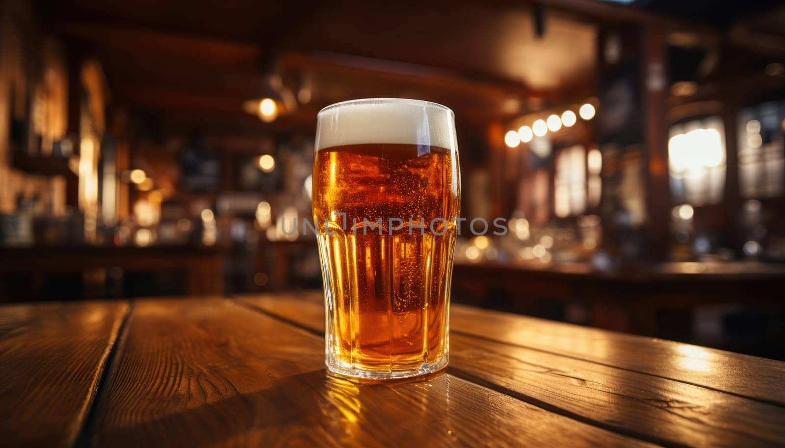 Glass of light beer on a dark pub.Generative AI