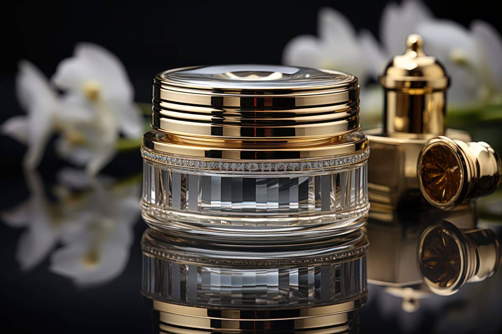 Cosmetic crystal bottle inlaid with gold of a luxury product with white fresh flowers. product presentation, demonstration of cosmetic products. Modern stylish luxury bottle.Generative AI