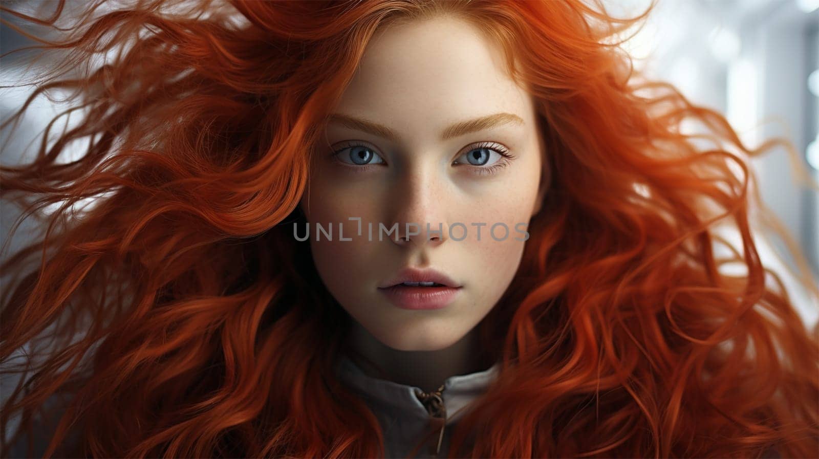 Close-up portrait of a red-haired woman with flying hair looking at the camera.content or banner for a beauty salon.Generative AI