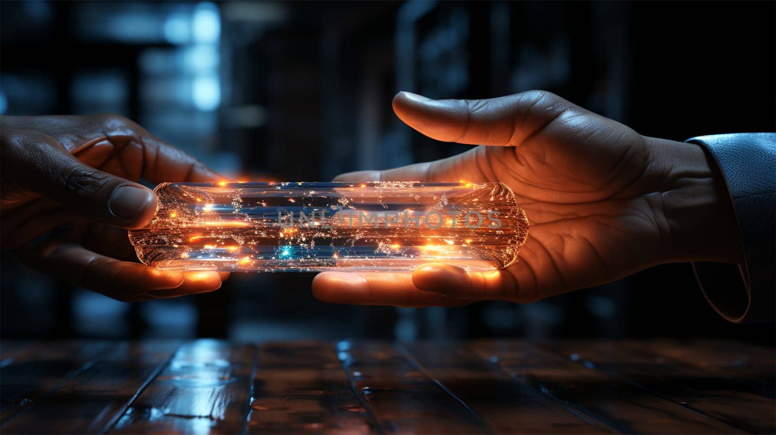 Human hands transmit a unique technology. neon ethereal substance. concept of technology management and artificial intelligence.Generative AI