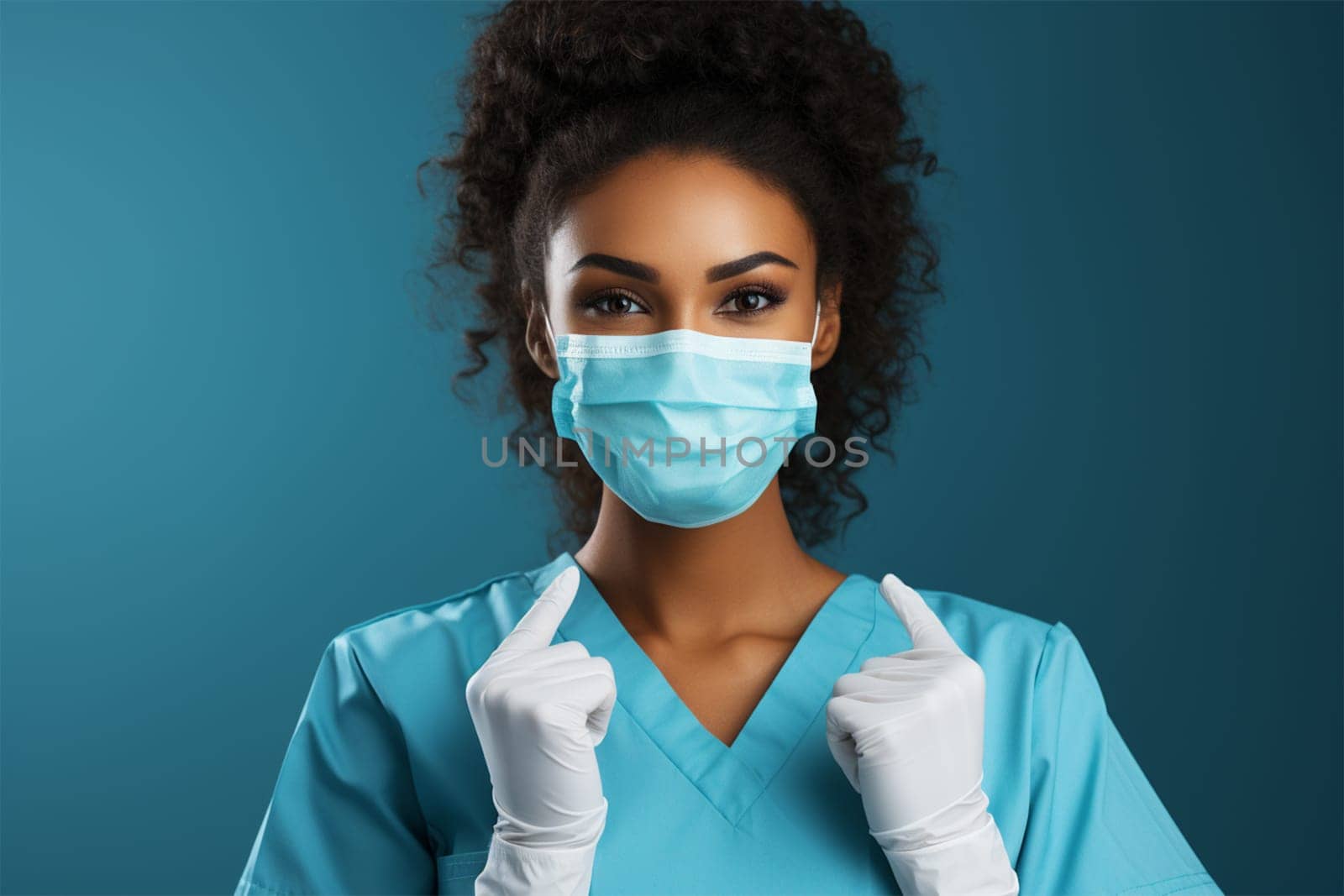 Portrait of a beautiful young African American nurse wearing white sterile gloves pointing at a medical mask on her face. health and medicine concept. medical worker isolated, blue-green background.Generative AI