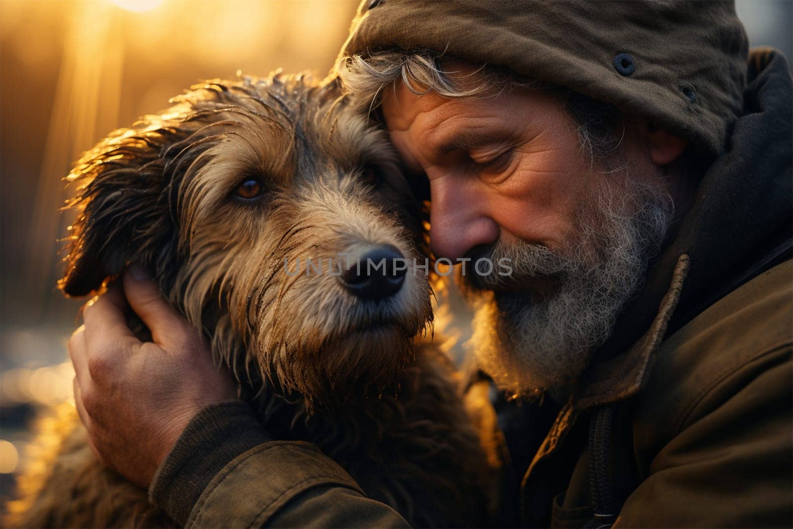 a lonely homeless old man with his pet dog. The connection between people and their pets. support and care for animals and human mental health.Generative AI
