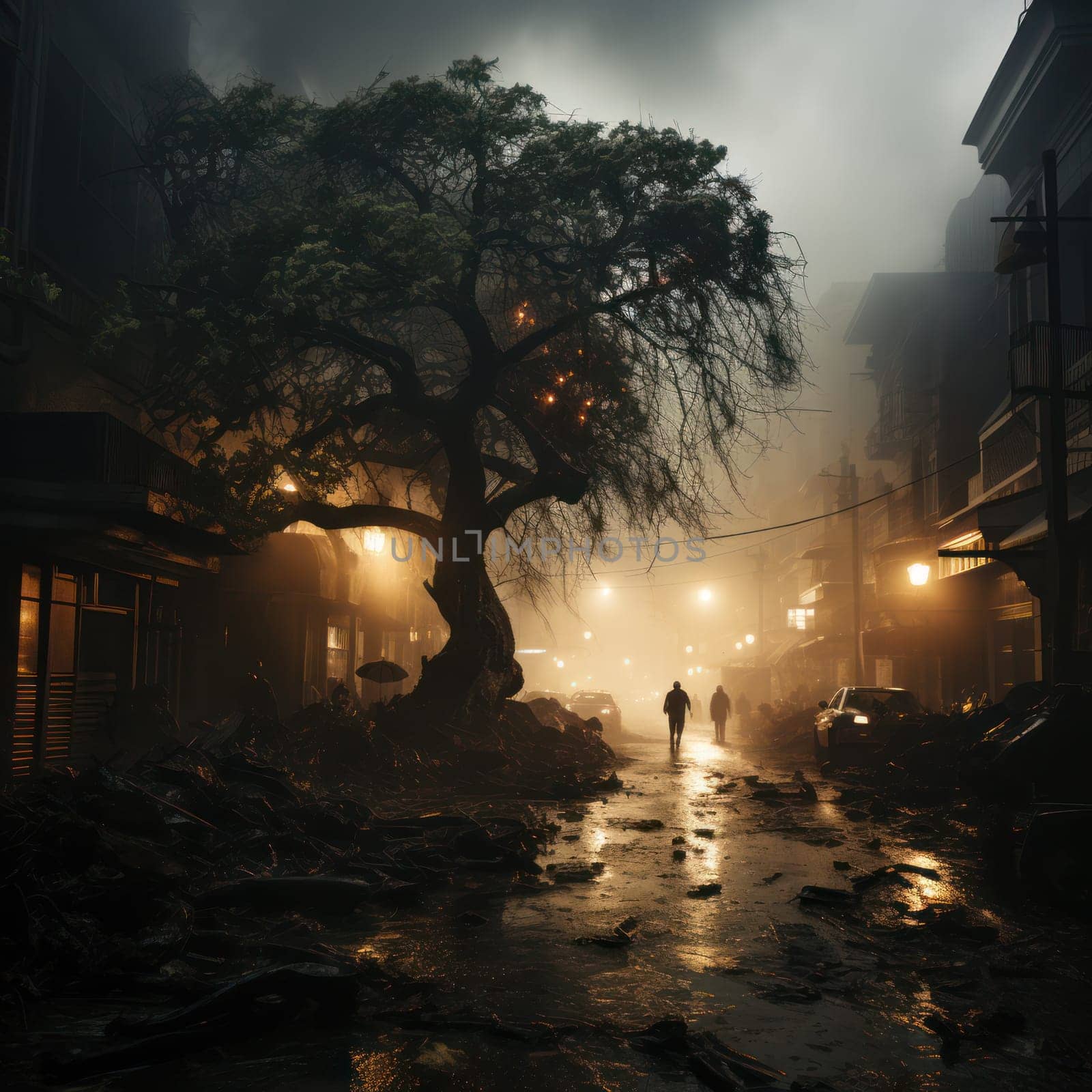 Ruins of a city after a military strike or earthquake, destroyed buildings and empty streets. Apocalyptic landscape concept.Generative AI