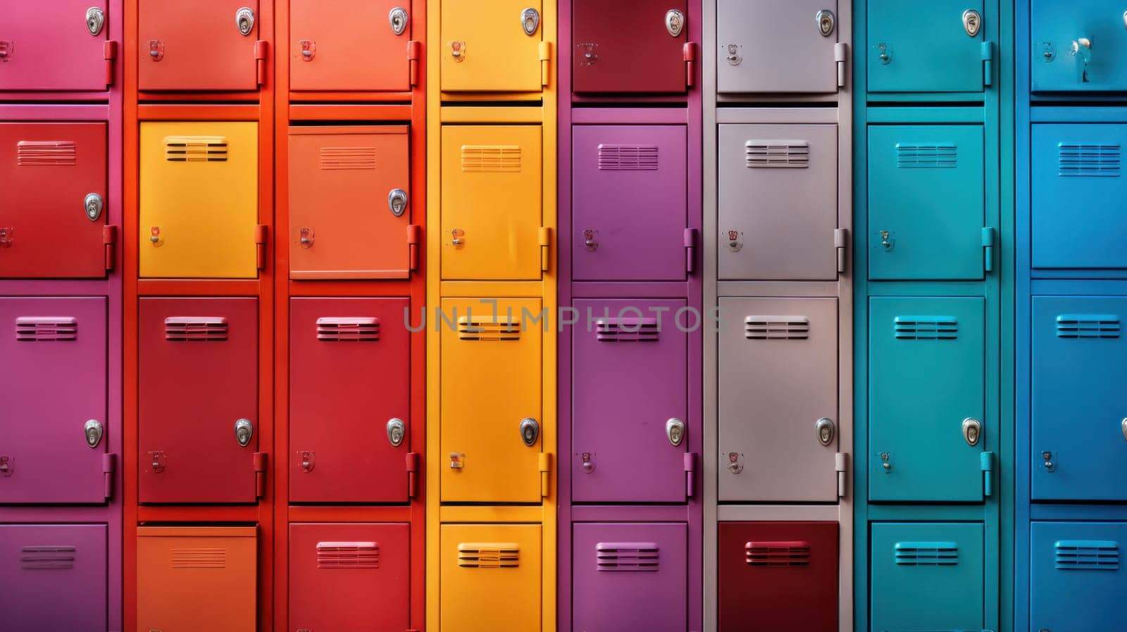 Front view of a stack of colorful metal school lockers with combination locks and doors.background .Generative AI