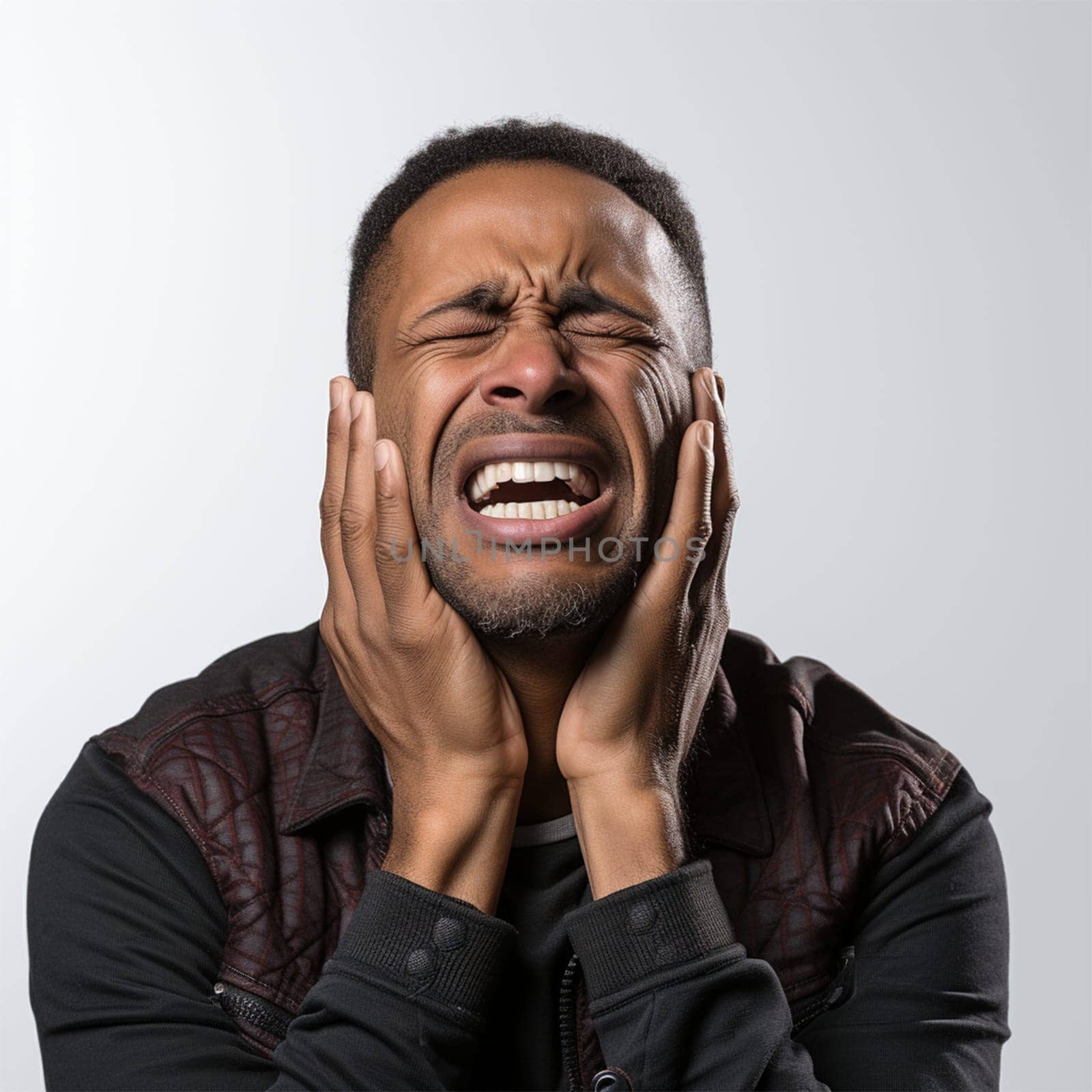 African American man with headache and holding his head.emotions and feelings.Generative AI