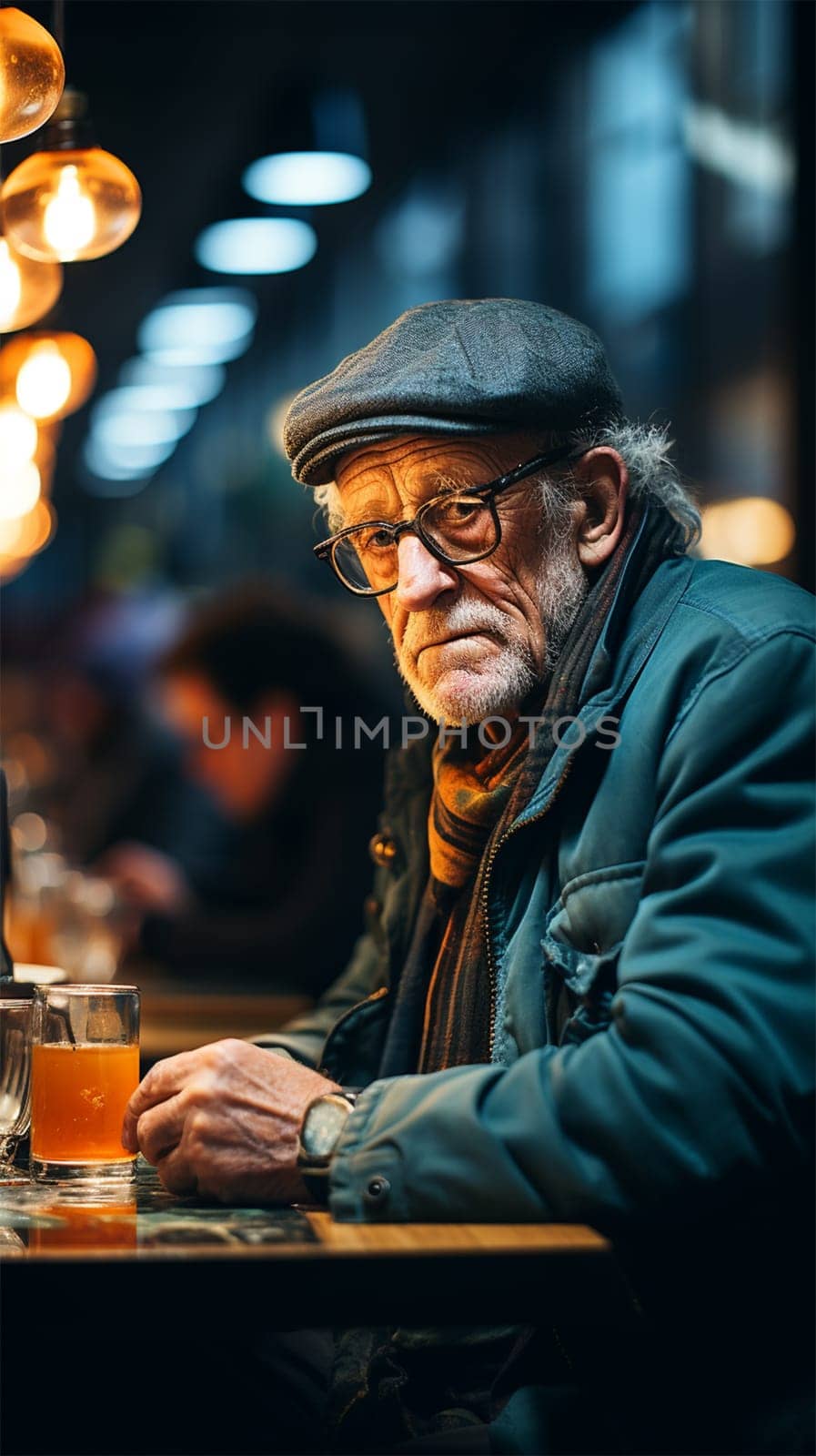 lonely gray-haired and sad old man sitting in a bar on a blurred background. loneliness concept.Generative AI