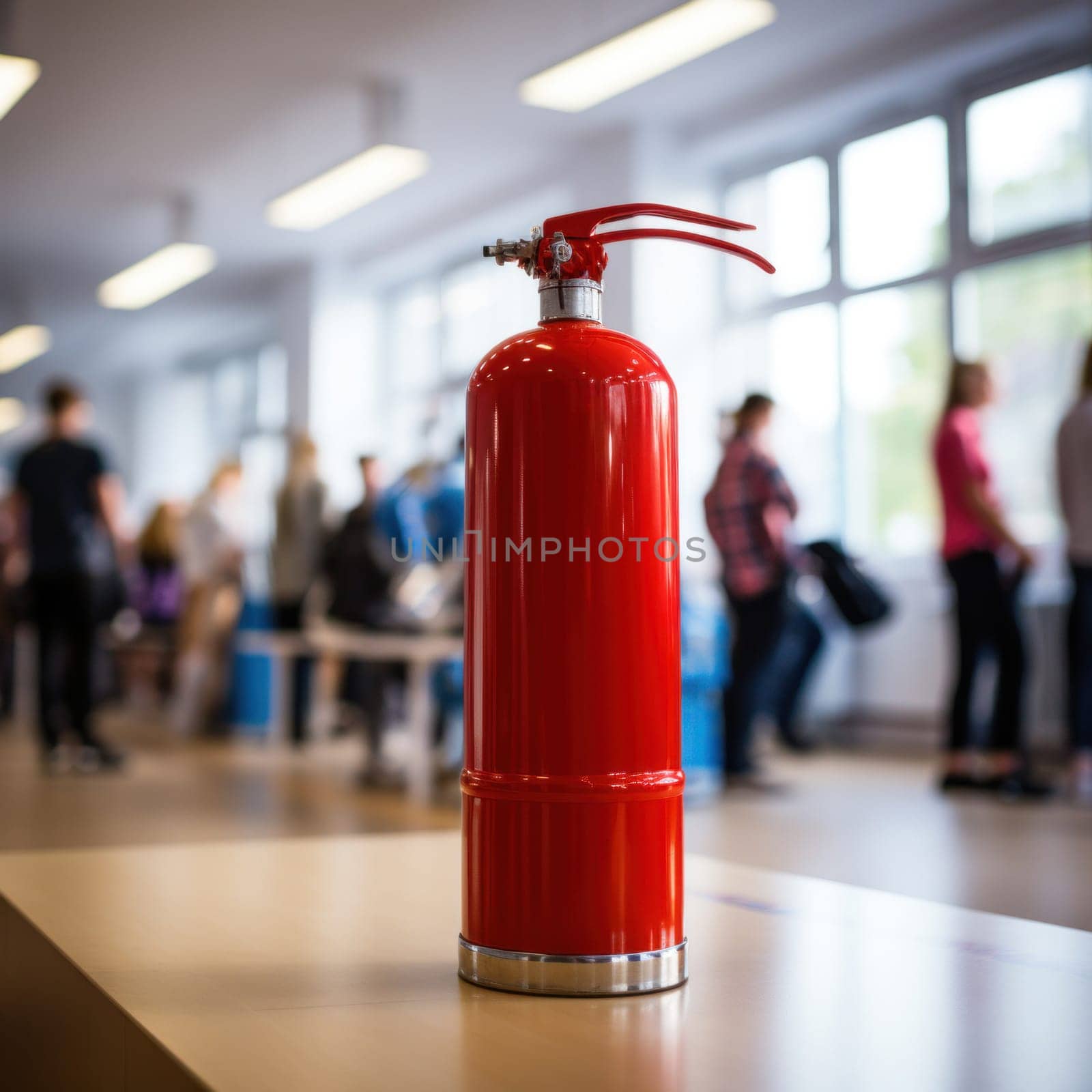 fire extinguisher on the table in an educational institution or office. Emergency equipment in case of fire.Generative AI