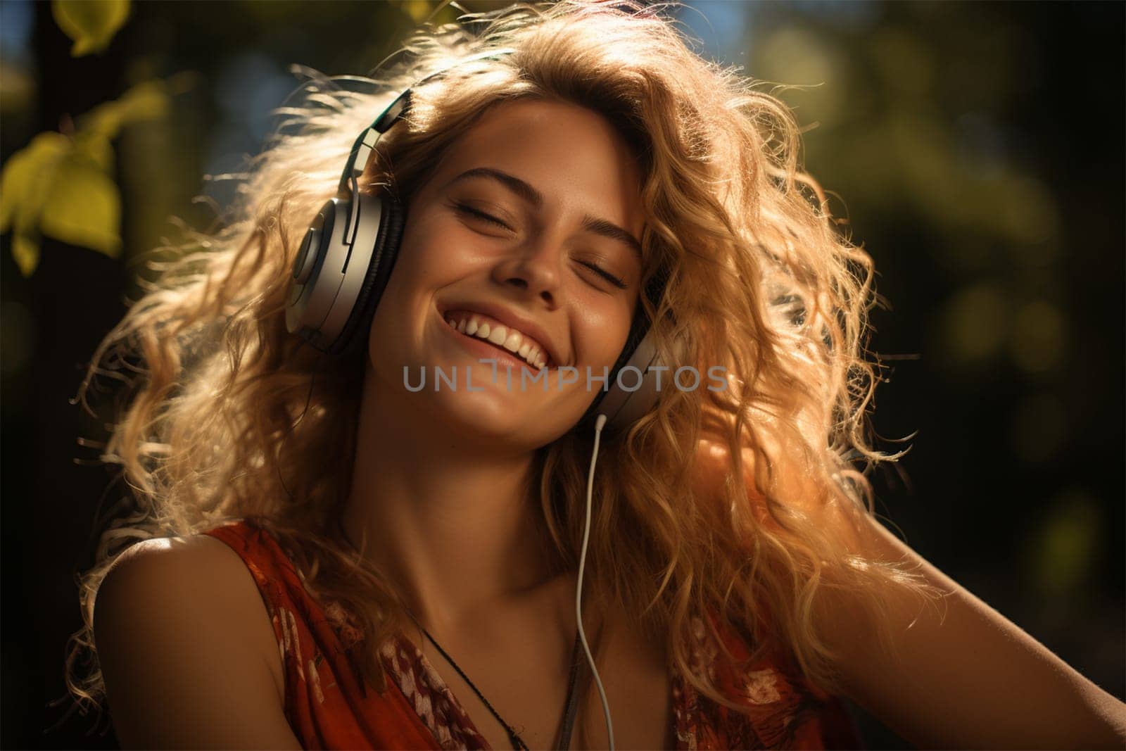 cheerful young woman listening to music on headphones in nature. warm atmosphere.Generative AI