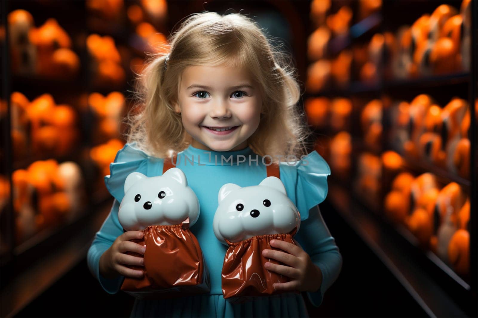 cute happy blonde girl in the doll department in a toy store.Generative AI