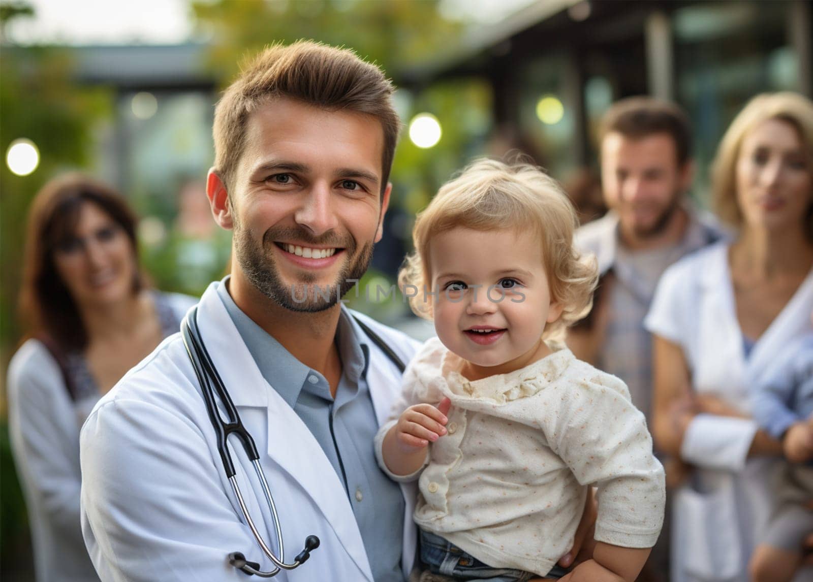 young smiling children's doctor in a robe and with a stethoscope with a baby in his arms in the courtyard of the clinic.Generative AI