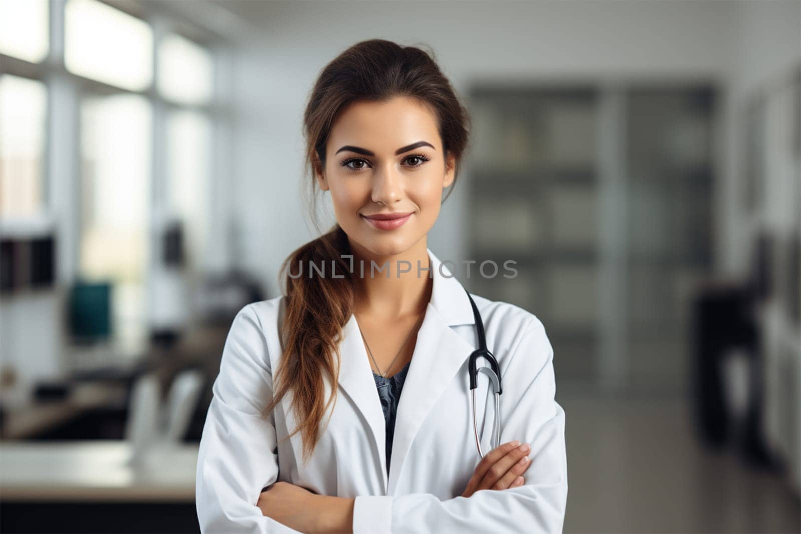 young smiling doctor in a robe in the clinic .Generative AI