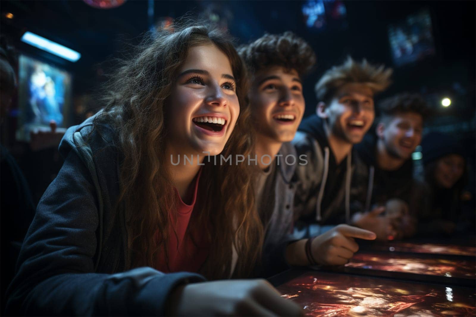 Cheerful friends relax in the evening in a gaming club, look at the screen and laugh.Generative AI