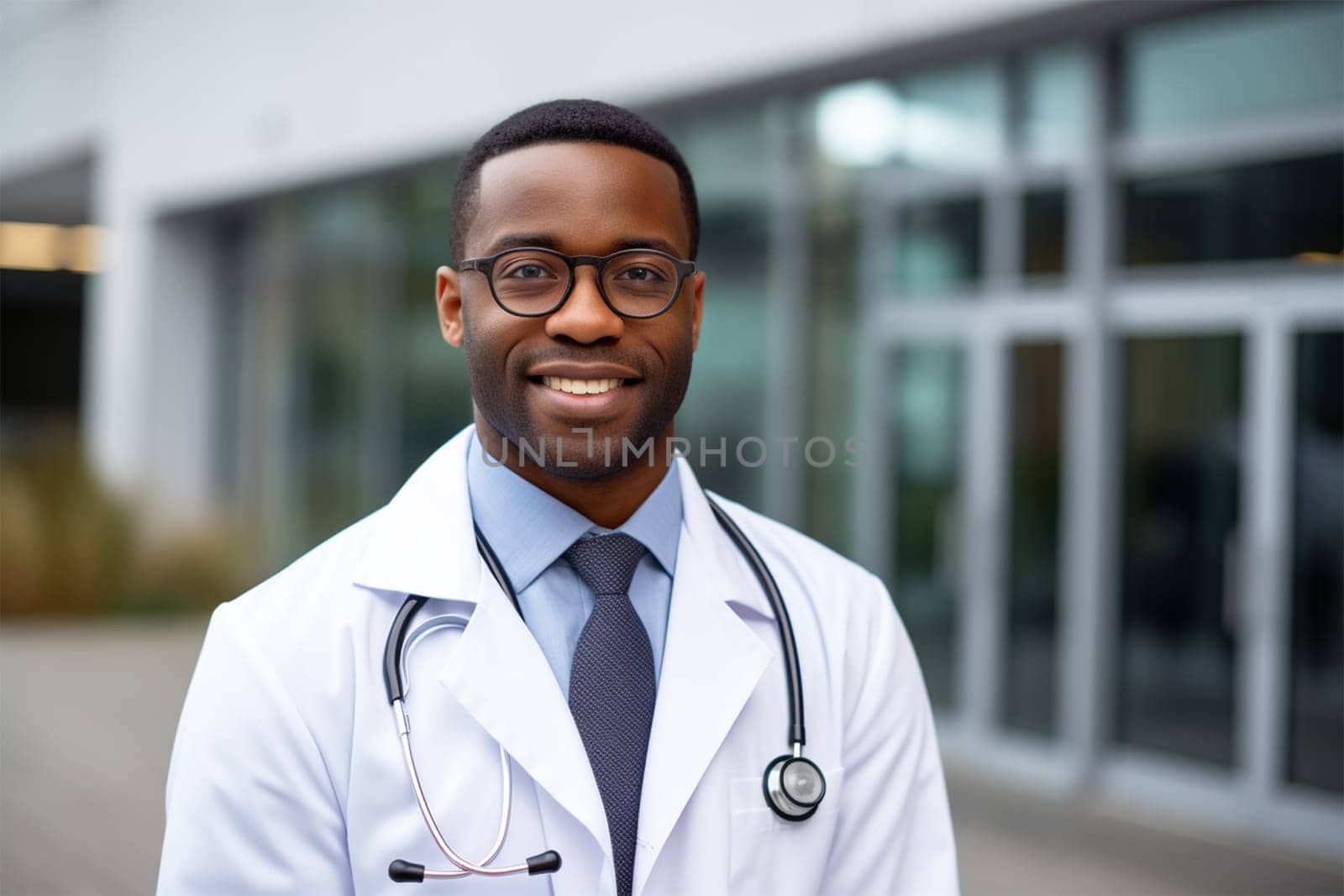 young smiling doctor in a robe and with a stethoscope near the clinic .Generative AI