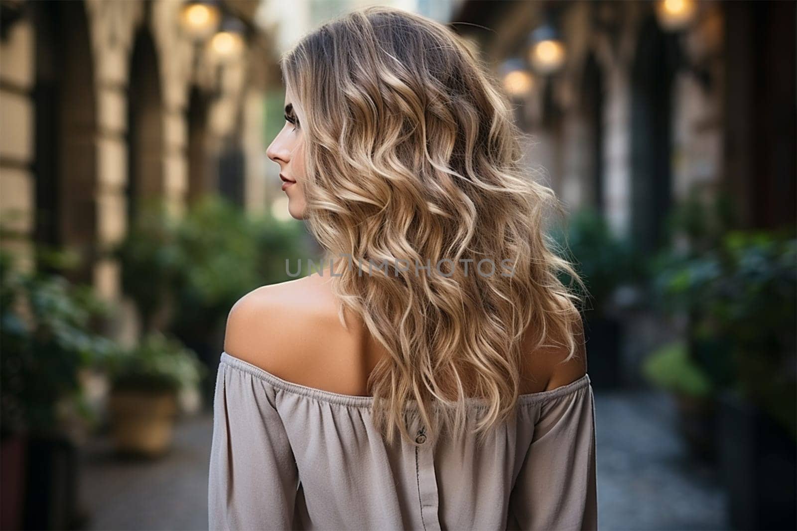 Close-up rear view of a blonde woman with a shiny wavy long hairstyle against a street background.Generative AI