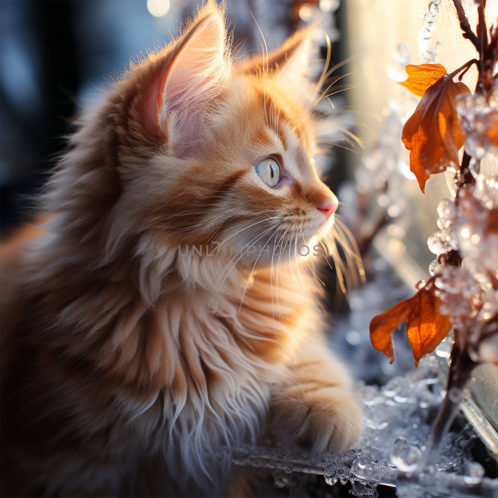 red fluffy cat in winter looks at snow-covered branches .Generative AI