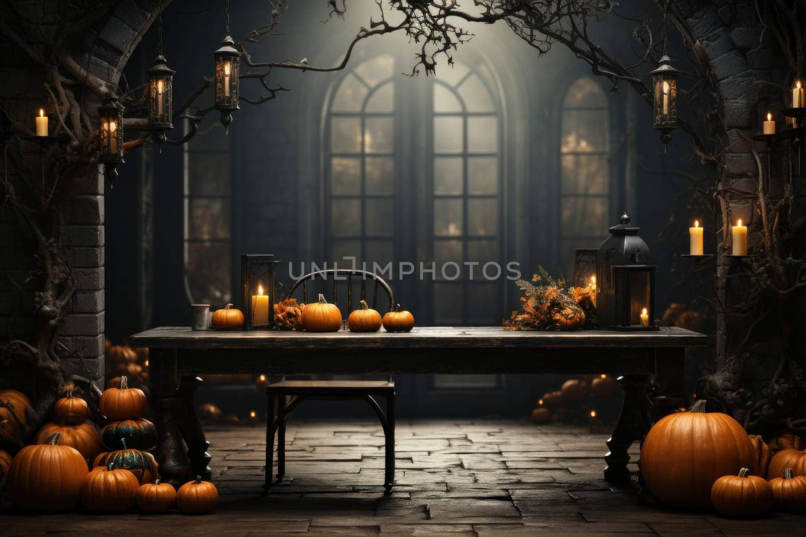 Scary laughing pumpkin in an ancient gothic interior of a dark castle. Halloween, witchcraft and magic.Halloween castle design elements.Generative AI