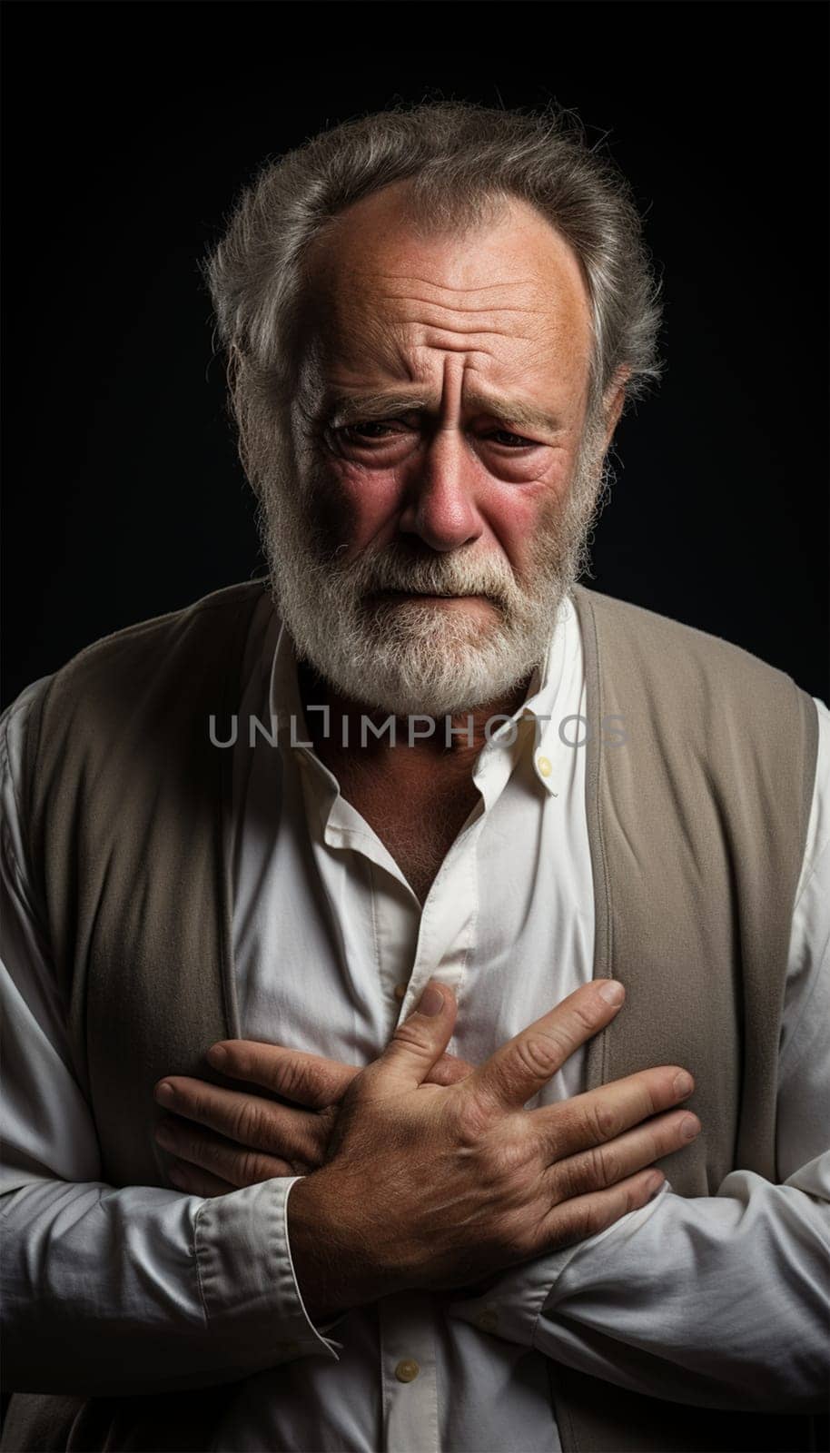An elderly gray-haired bearded man presses his hand in the area of his heart. Health concept.Generative AI
