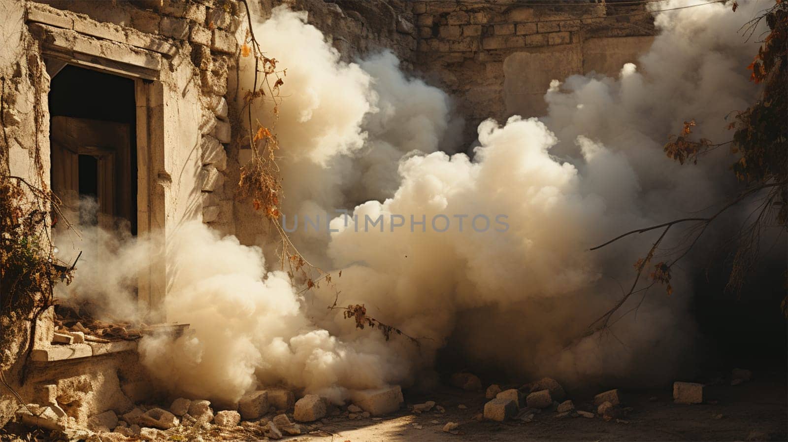 destroyed houses in the city with smoke enveloping them. the consequences of natural disasters, earthquakes or war.Generative AI