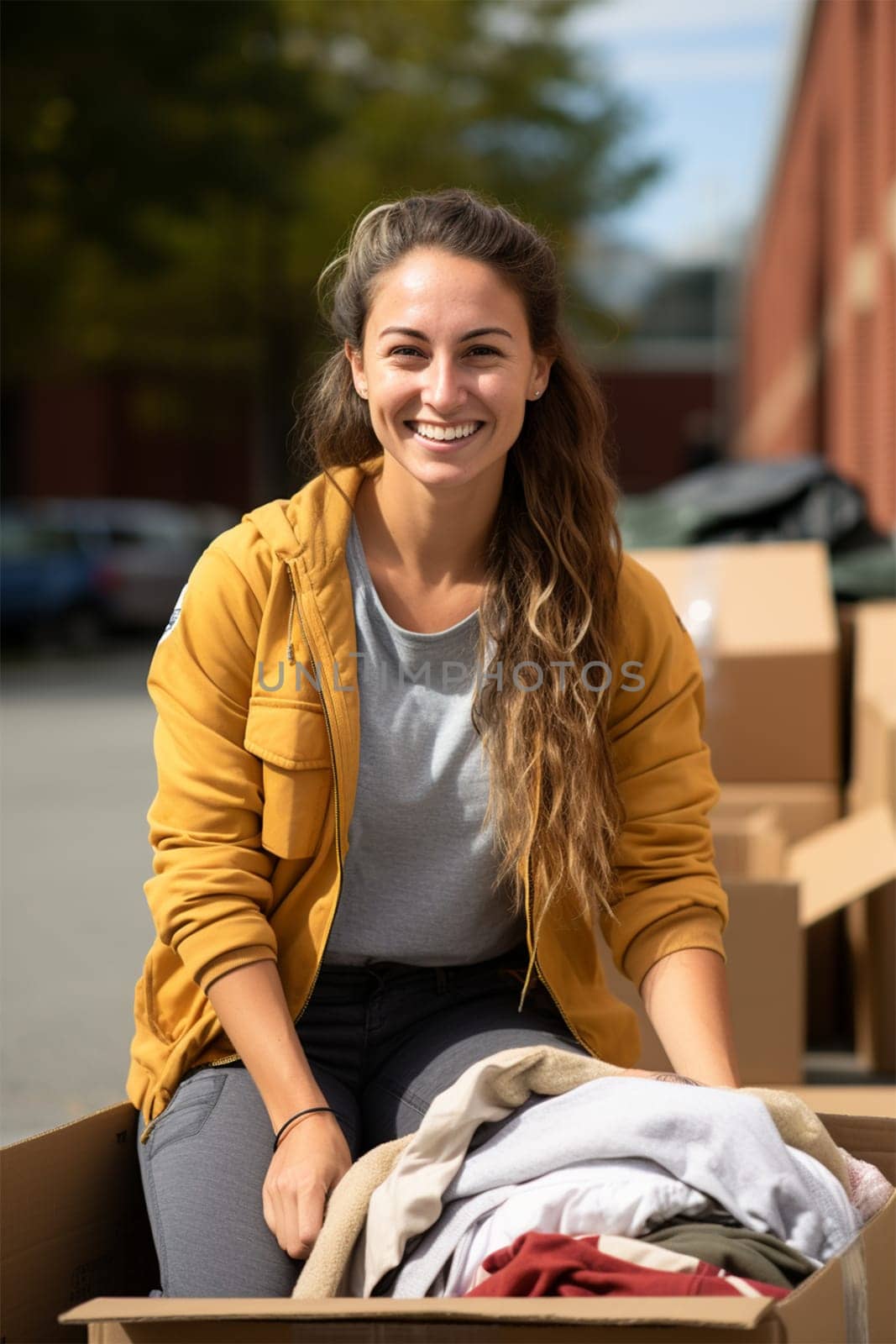 smiling female volunteer holding a cardboard box of clothes ready to give to those in need. Caring and helping the disadvantaged and disadvantaged.Generative AI