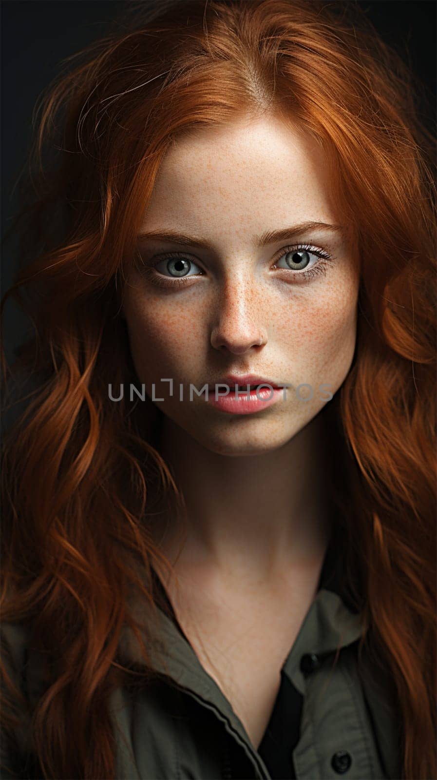 portrait of freckled redhead woman looking at camera, isolated on black.Generative AI