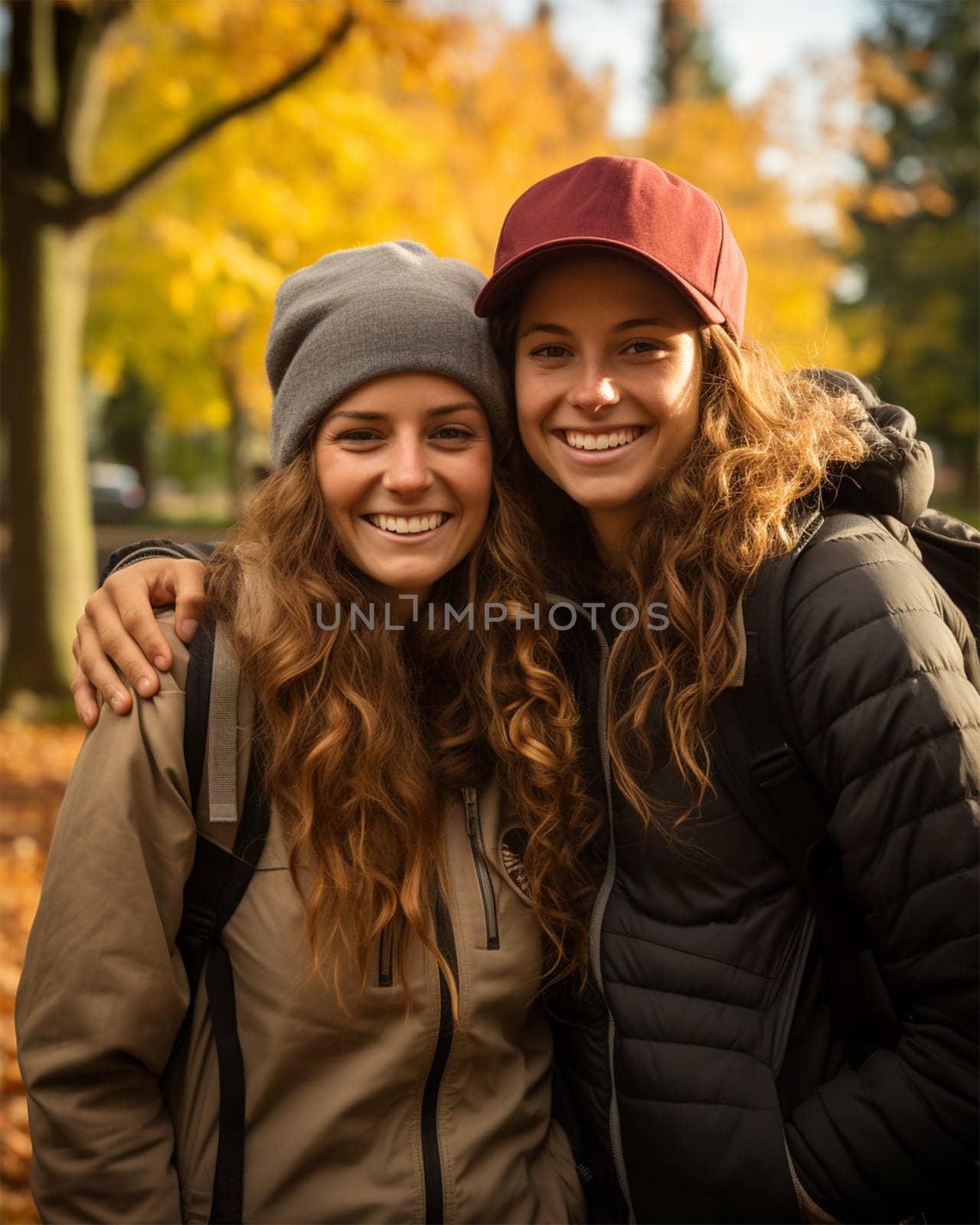 Two happy young female student best friends during autumn season in the park.Generative AI