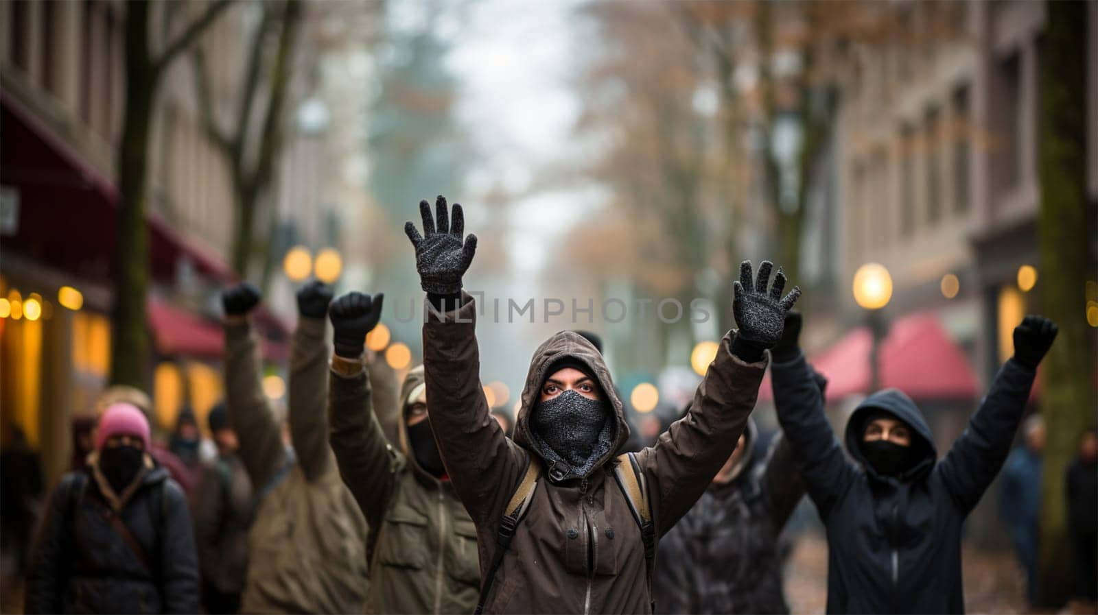 a group of masked people came out with posters to demonstrate the population's protest. A meeting about human rights. copy space.Generative AI
