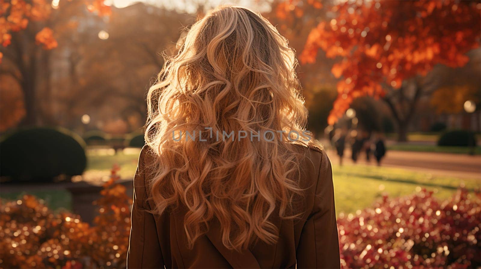 Close-up rear view of a blonde woman with a shiny wavy long hairstyle in front of a park.Generative AI