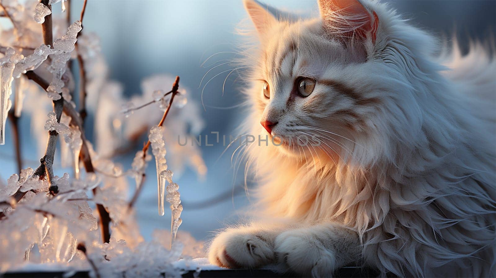 red fluffy cat in winter looks at snow-covered branches .Generative AI