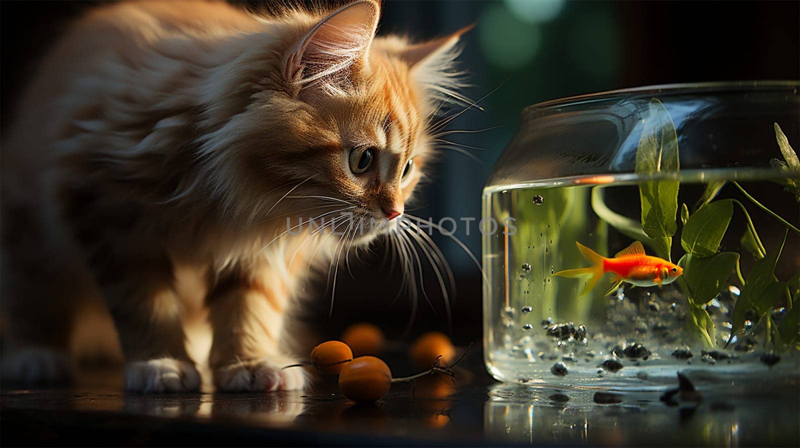 the cat carefully watches the beautiful red fish in the aquarium.Generative AI