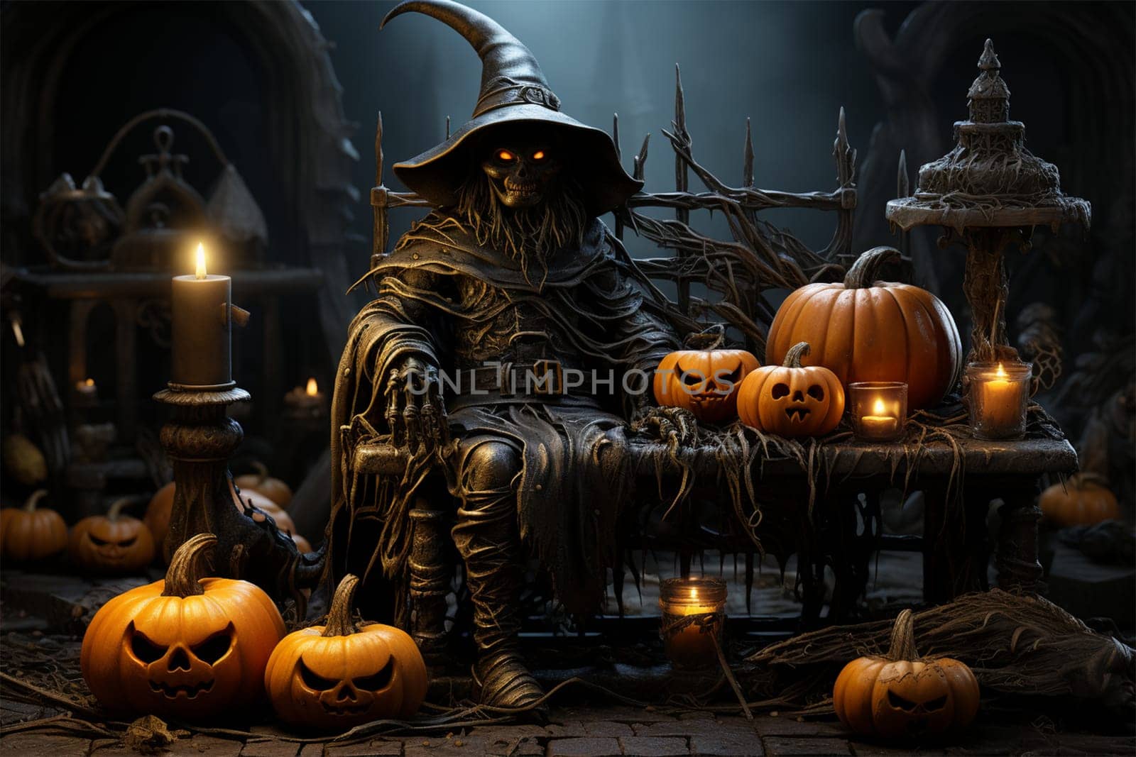 Scary witch statue with laughing pumpkins and an old skull in a gothic interior. Halloween, witchcraft and magic.Generative AI