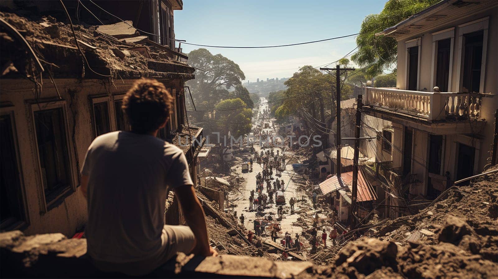 a young man sits high on a destroyed house and looks at people leaving the destroyed city. natural disaster or war. outcome.Generative AI