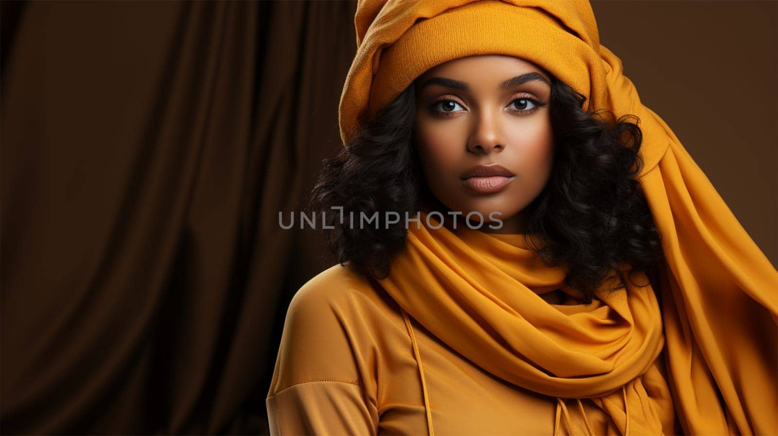 Attractive African American woman in stylish orange dress and hat looking at camera, copy space .Generative AI