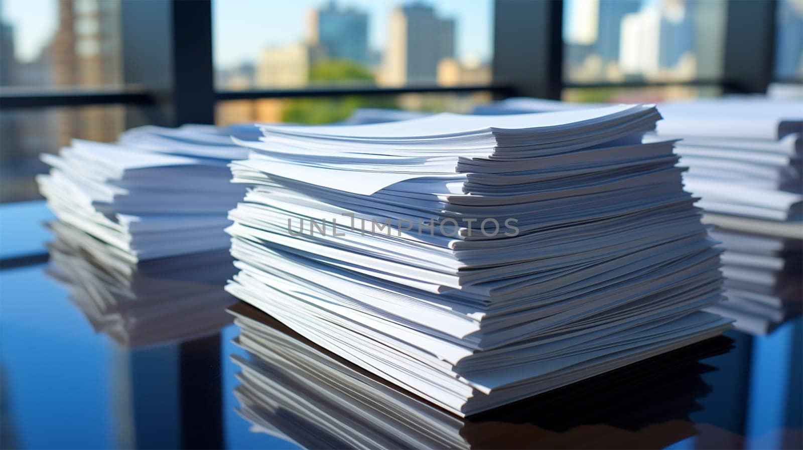 Stacks of paper on a desktop in a high-rise office against the backdrop of the city .Generative AI