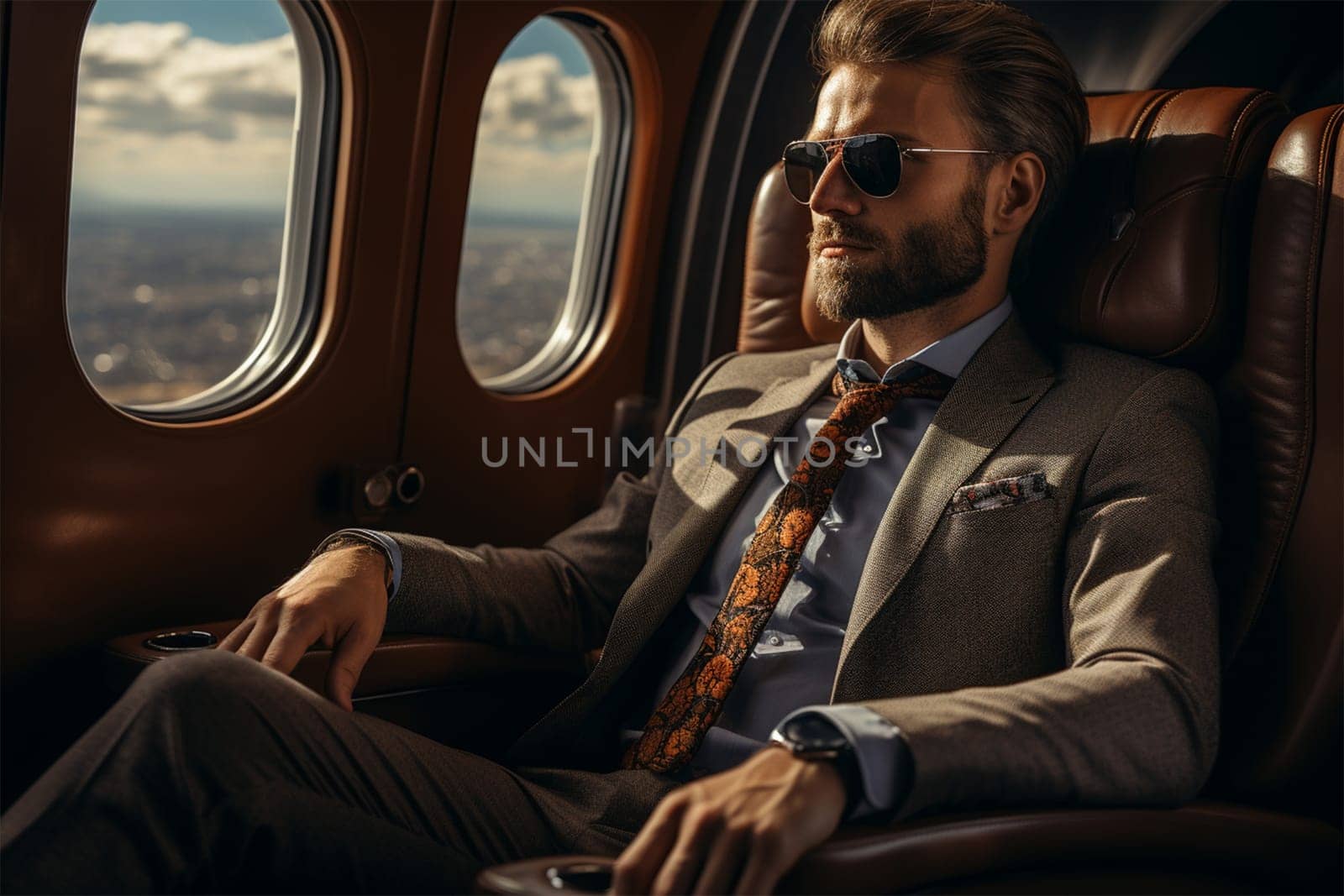 A businessman flies in business class or his private jet. Business and transport concept.Generative AI