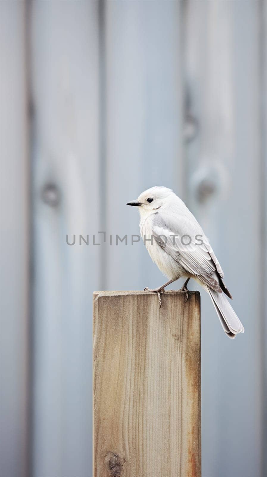 Whitewashed wooden board used to stop a serene white bird.vertical background.Generative AI