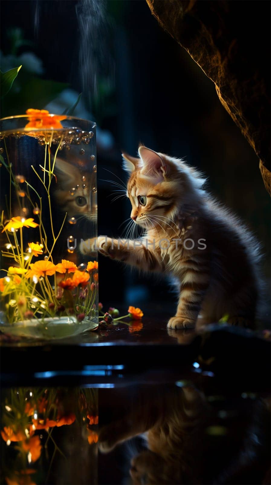 the cat carefully watches the beautiful red fish in the aquarium.Generative AI