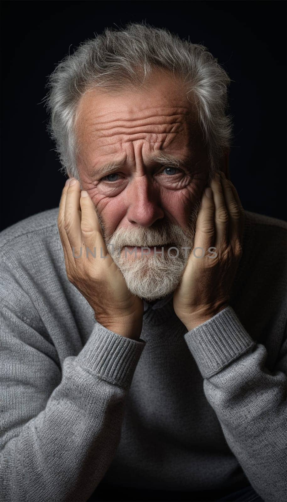 sad elderly gray-haired man holding his head. emotions of fatigue and confusion. Mental and physical health.Generative AI