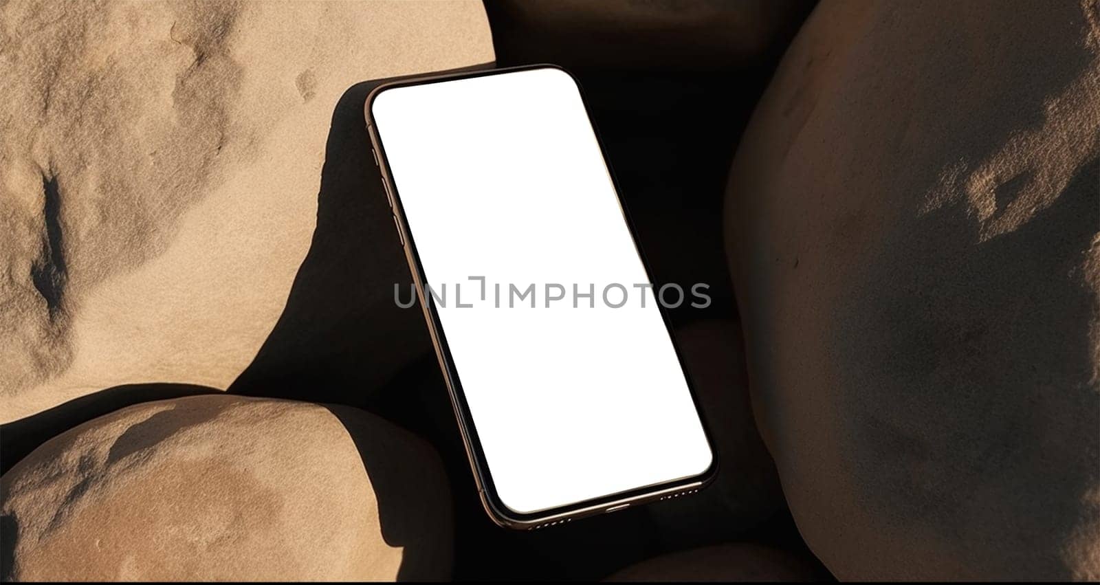 Flatlay phone on sand-colored stones. Free space for text, mockup. Aesthetic elegant picture for social networks.Generative AI