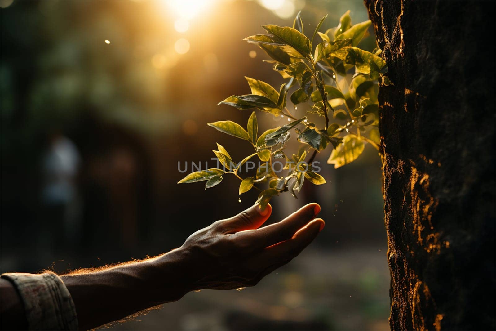 A man's hand touches a tree trunk close-up. Caring for the environment. Ecological concept of saving the world and loving nature.Generative AI