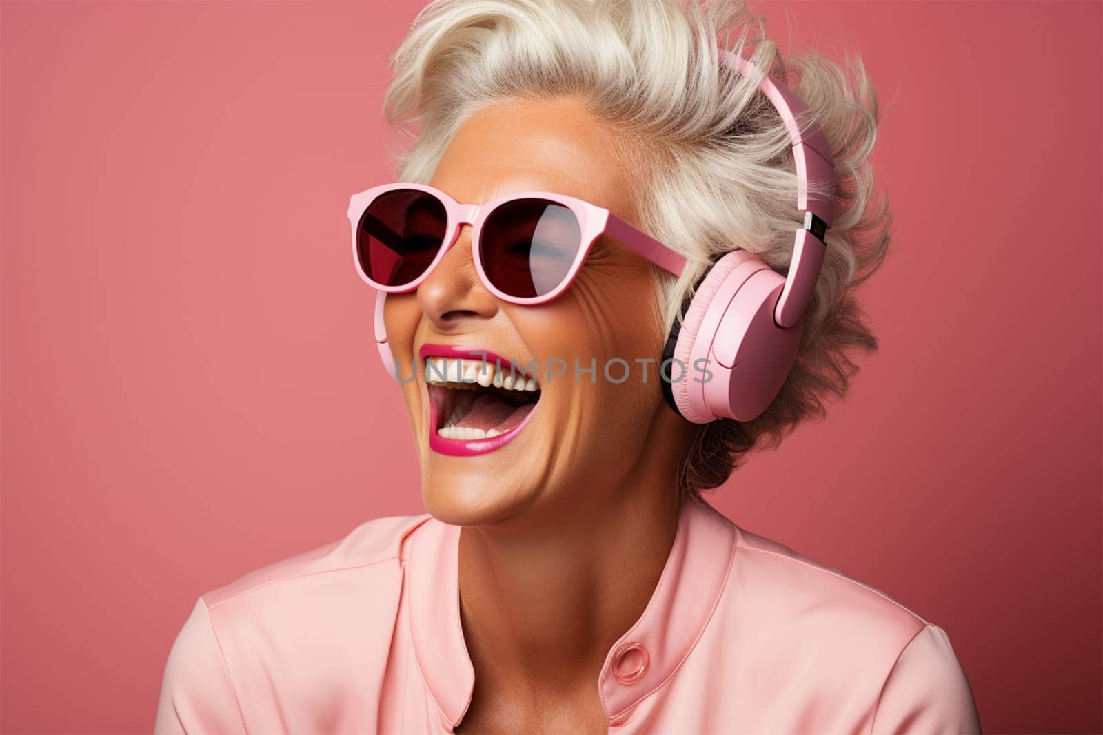 beautiful and cheerful gray-haired woman in glasses, pink clothes and headphones, on a color background.Generative AI