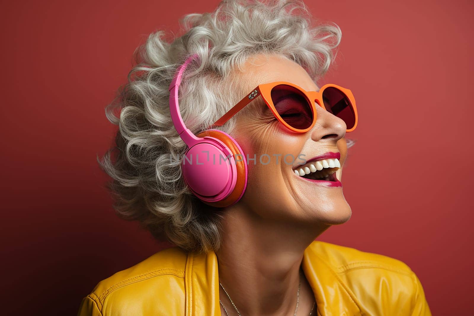 beautiful and cheerful gray-haired woman in glasses, bright clothes and pink headphones, on a color background.Generative AI