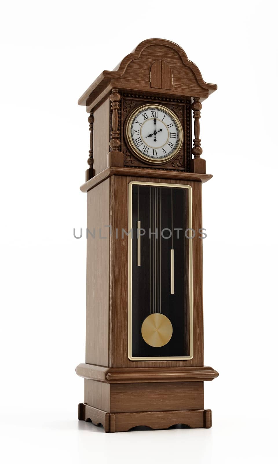 Antique pendulum clock isolated on white background. 3D illustration.