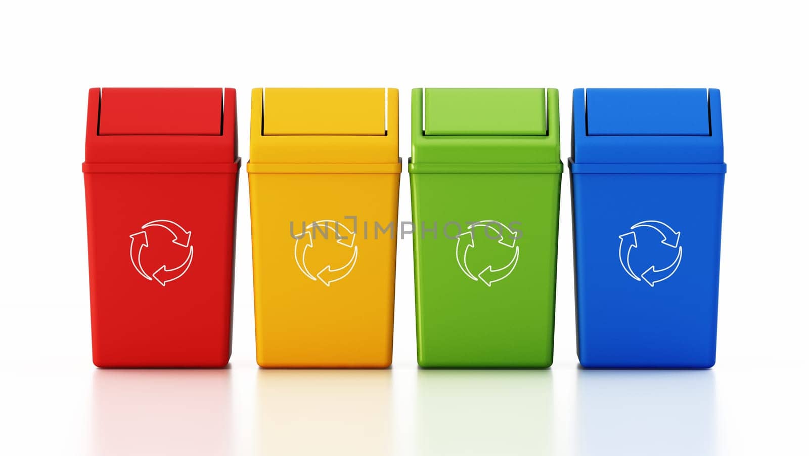 Plastic dustbins with recycle symbol isolated on white background. 3D illustration.